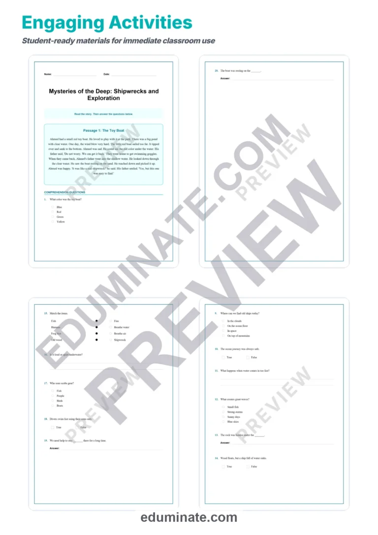 Shipwrecks and Underwater Exploration Reading Passages Worksheets 3rd 7th Grade sample page 3