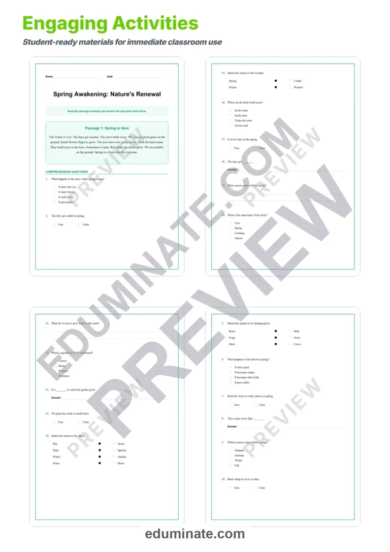 Spring Worksheets: Reading Comprehension Passages with Answer Keys, Grades 1-8 sample page 3