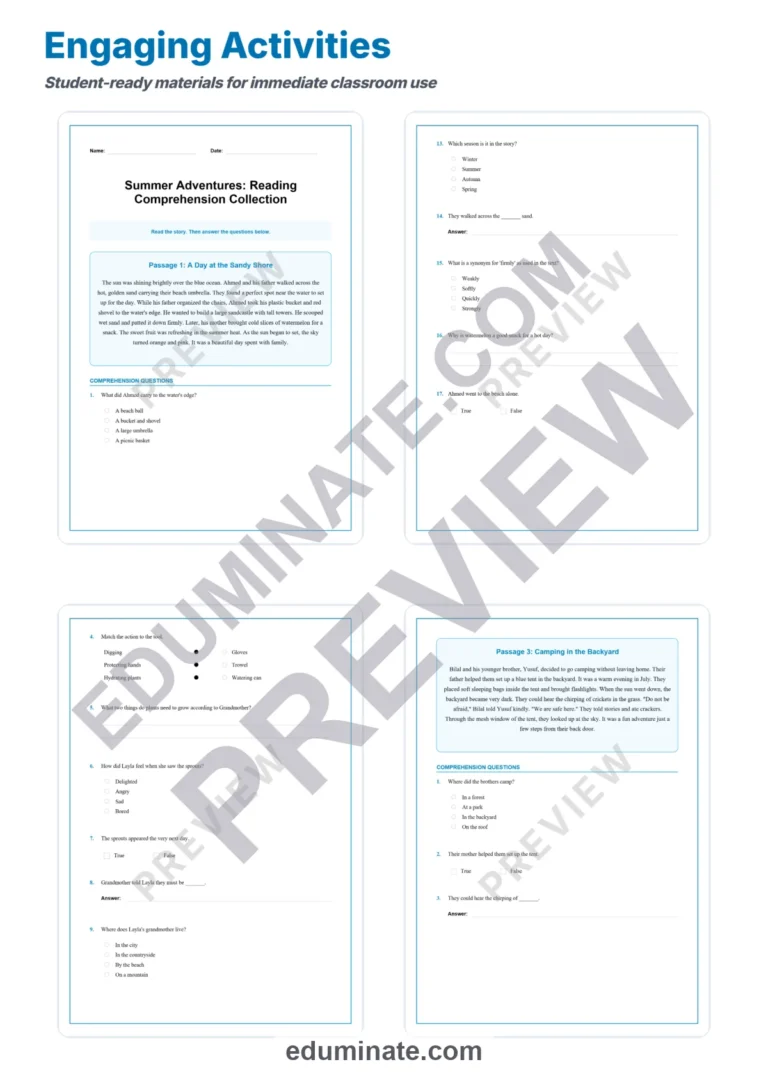 Summer Reading Comprehension Passages with Questions and Answer Keys, Grades 1-5 sample page 3