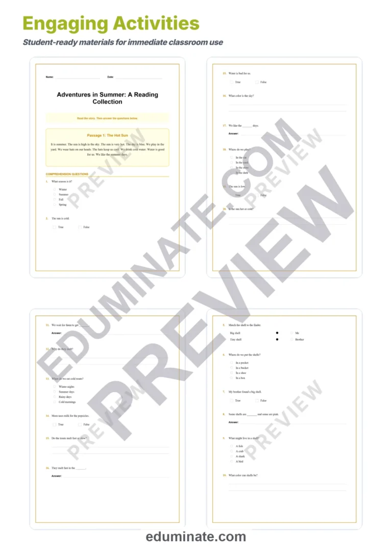 Summer Reading Comprehension Passages Worksheets 1st to 5th Grade Activities sample page 3