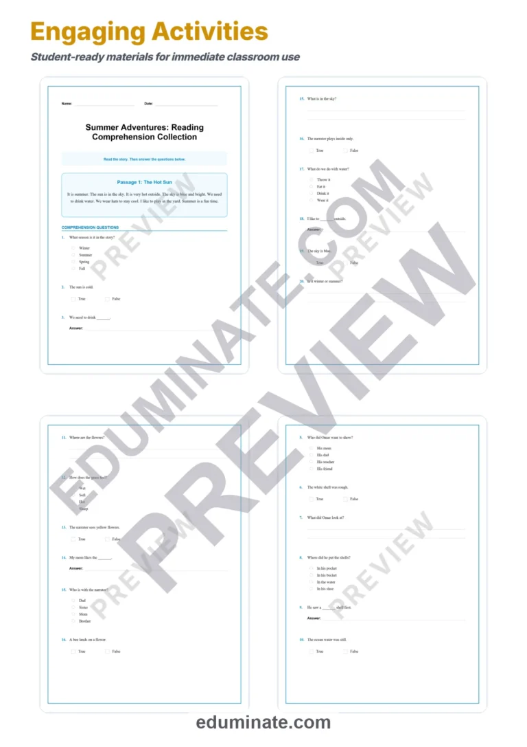Summer Vacation Reading Comprehension Passages Worksheets 1st to 5th Grade sample page 3
