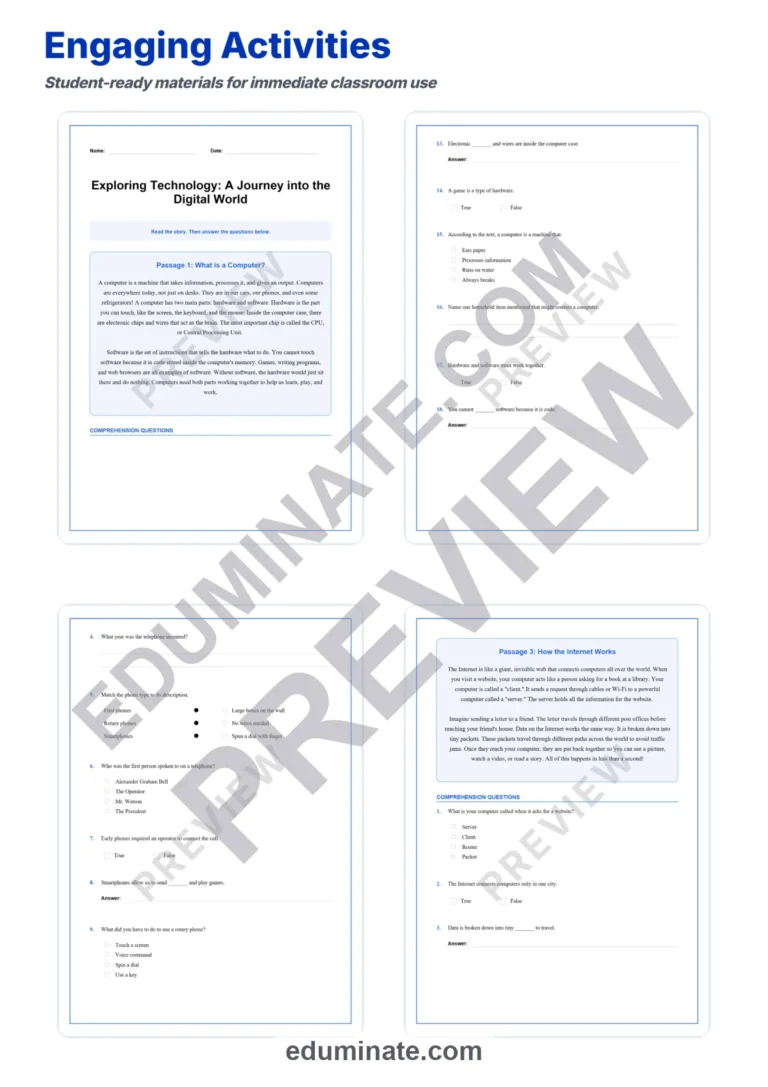 Technology for Kids Reading Comprehension Passages Worksheets 3rd to 5th Grade sample page 3