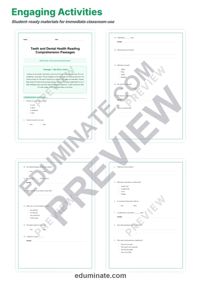 Teeth and Dental Health Reading Comprehension Passages Worksheets 1st-5th Grade sample page 3