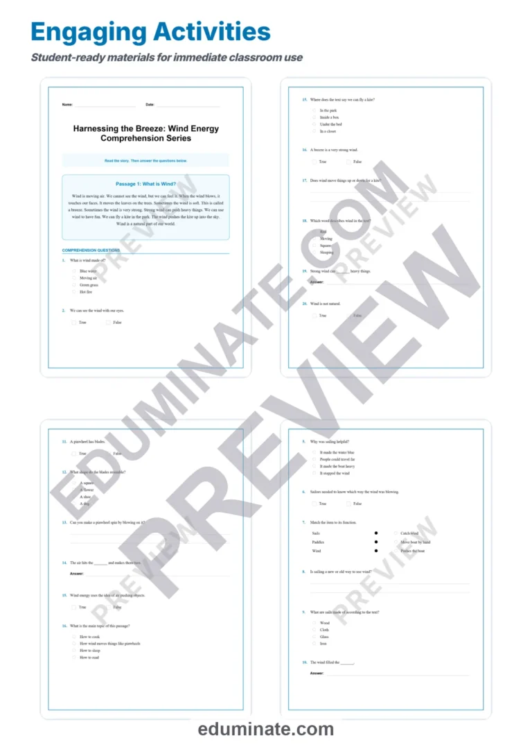 Wind Power Worksheets: Wind Energy Reading Passages with Answer Keys, Grades 2-8 sample page 3