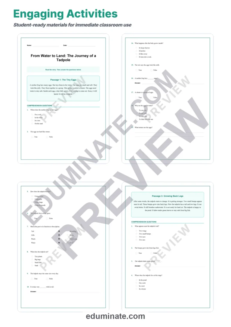Tadpole Metamorphosis Reading Comprehension Passages Worksheets Grades 1 to 5 sample page 3