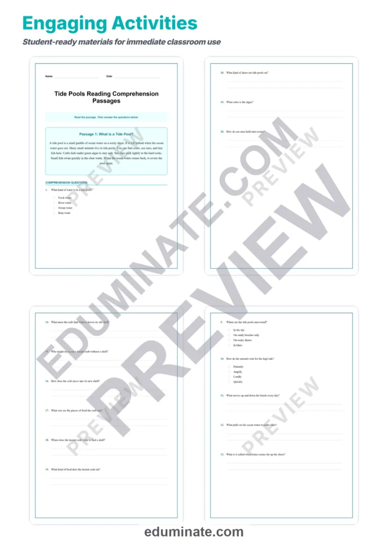 Tide Pools Reading Comprehension Passages Worksheets Science 2nd-8th Grade sample page 3