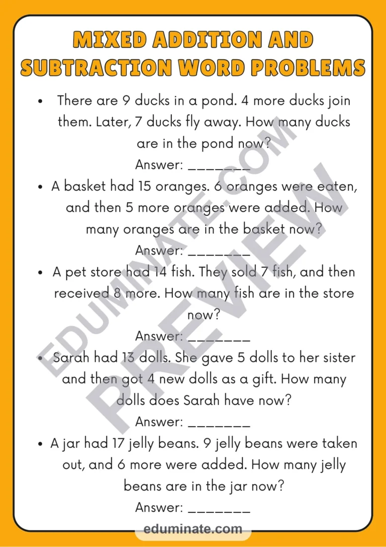 Word Problems Within 20 Math Worksheets Addition and Subtraction Activities sample page 3