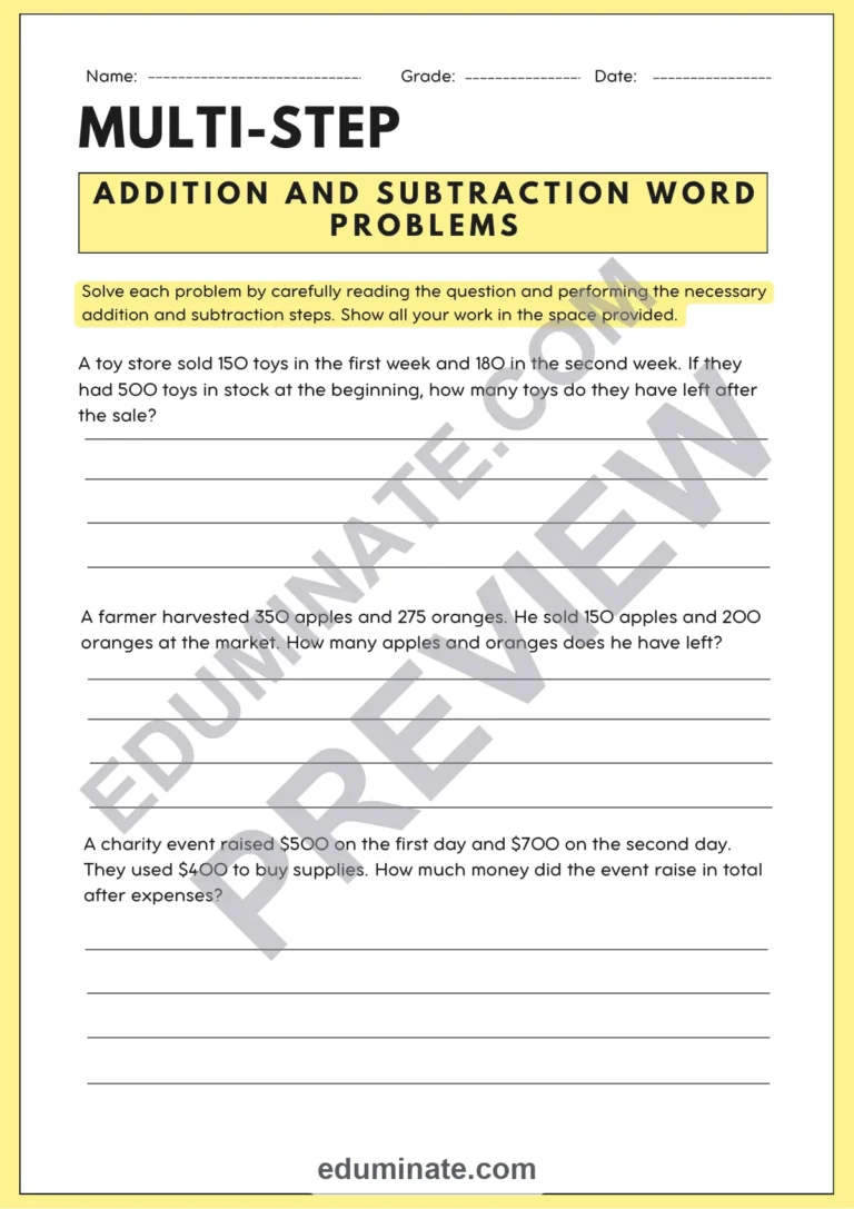 Multi Step Addition and Subtraction Problems Word Problem Math Worksheets sample page 3
