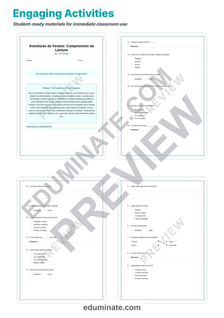 Spanish Summer Worksheets – Reading Passages with Questions and Answer Key sample page 3