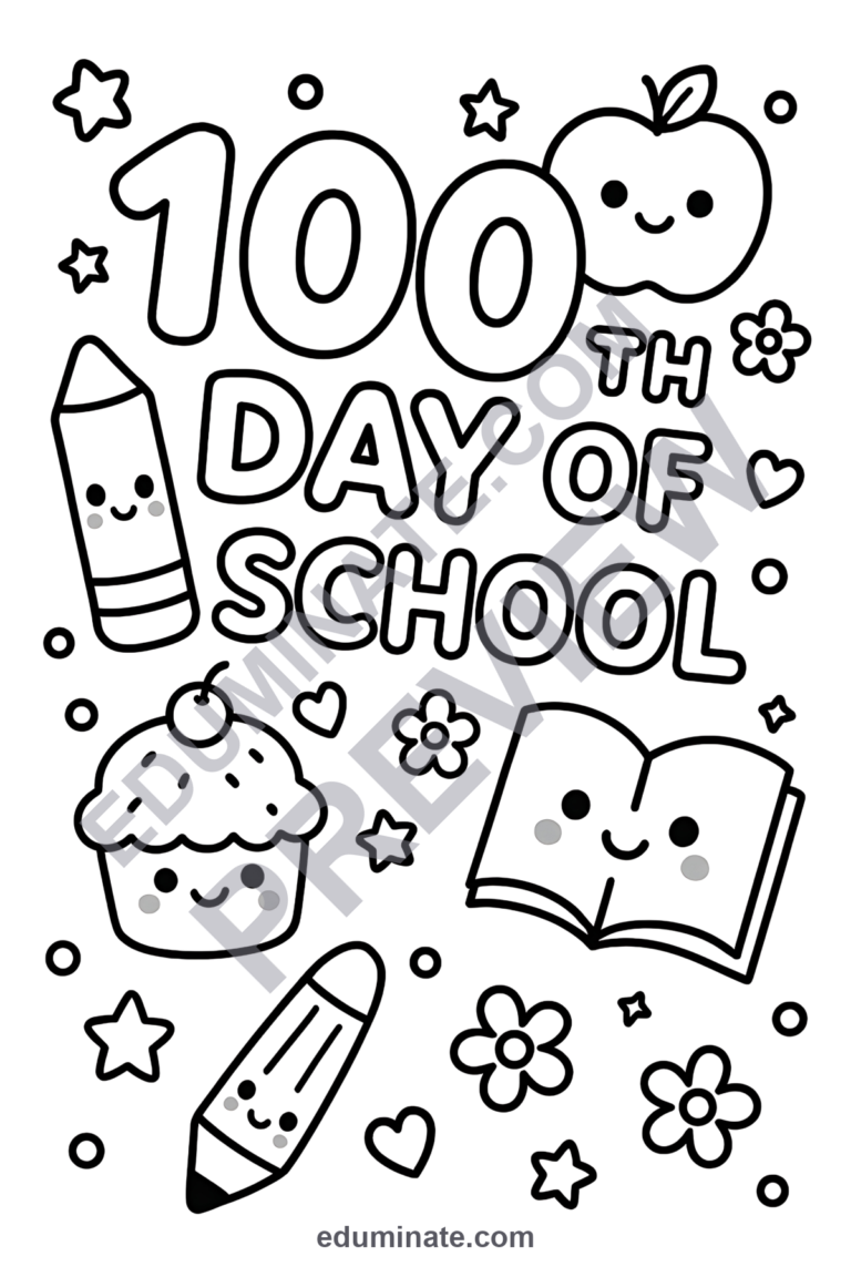 100 Days of School Coloring Pages | Classroom Activity | Fun Printable Set sample page 3