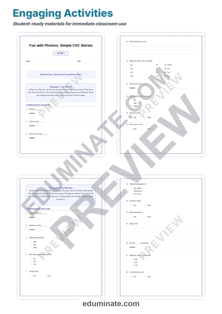 CVC Sentences Kindergarten – Reading Passages, Questions and Answer Key Grade 1 sample page 3