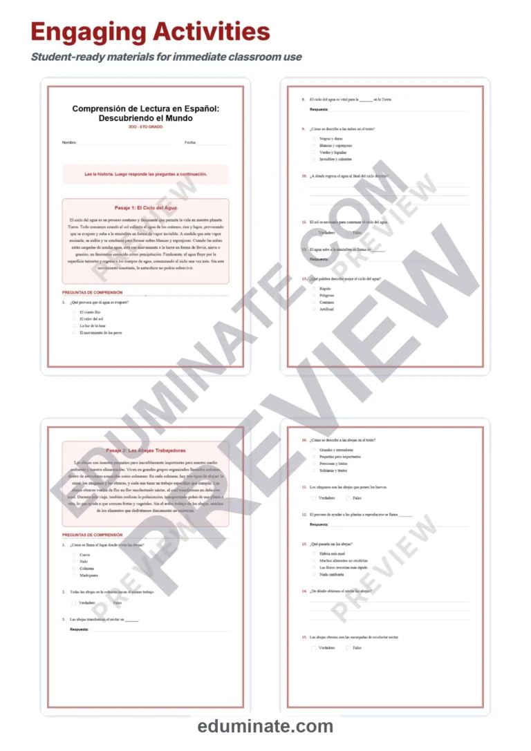 Spanish Reading Passages – Printable Pages, Questions and Answer Key Grades 2-5 sample page 3
