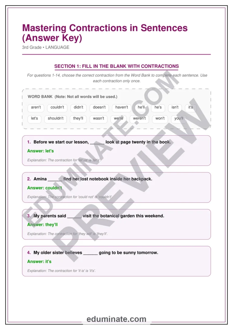 Contractions Worksheets – Sentences Practice Packet – Combining Words Exercises sample page 3