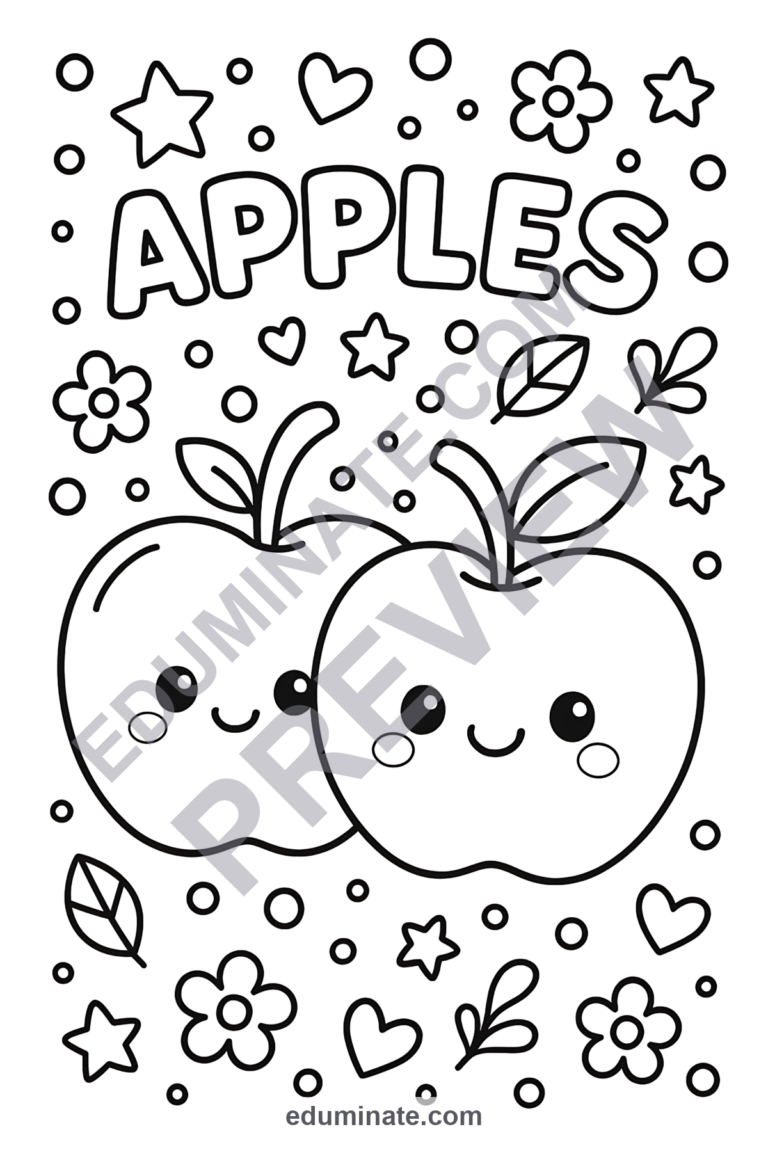 Cute Apple Coloring Pages | Kawaii Fruit Sheets | Smiling Apple Characters sample page 3