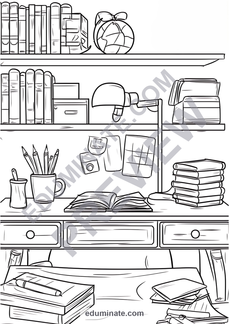 Back to School Coloring Sheets | Classroom Desk Pages | Study Art Activity sample page 3