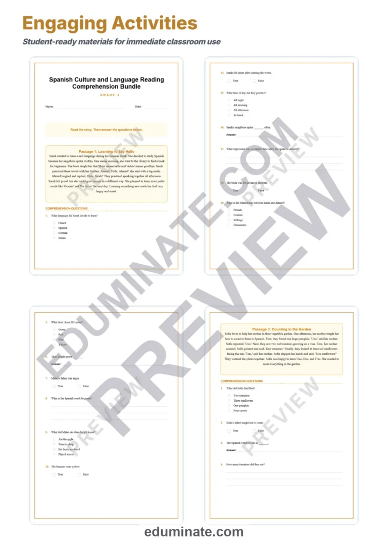 Bilingual Reading Comprehension – Spanish Culture Reading Passages Grade 3 sample page 3