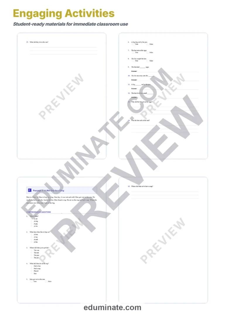 Decodable Passages – Decodable CVC Printable Pages, Questions and Answer Key sample page 3