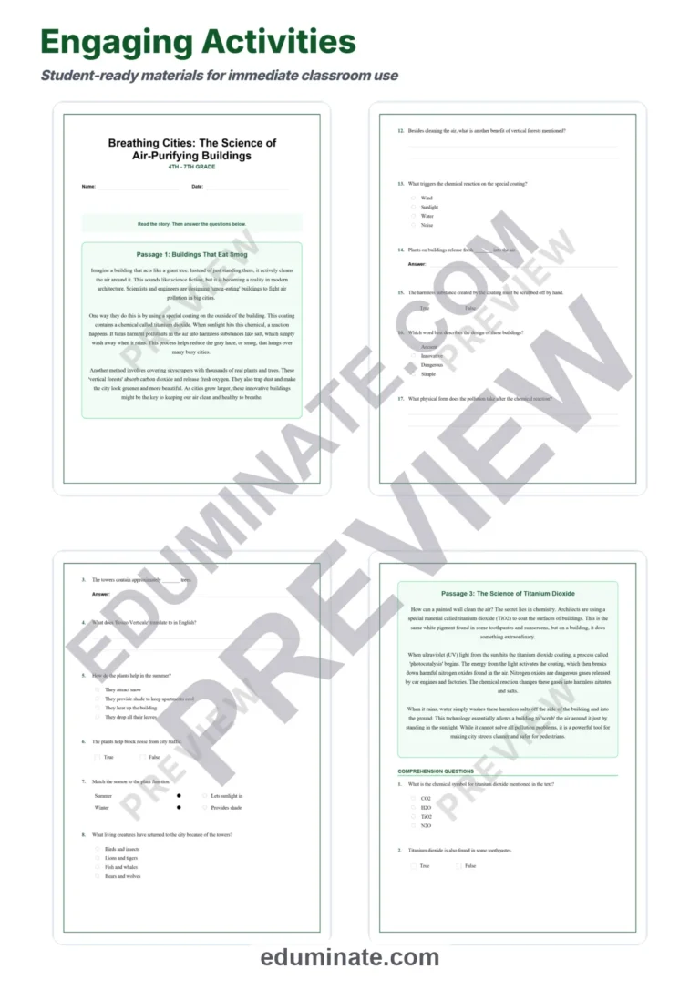 Air Pollution Reading Comprehension – Air Purifying Buildings 10 Passages sample page 3