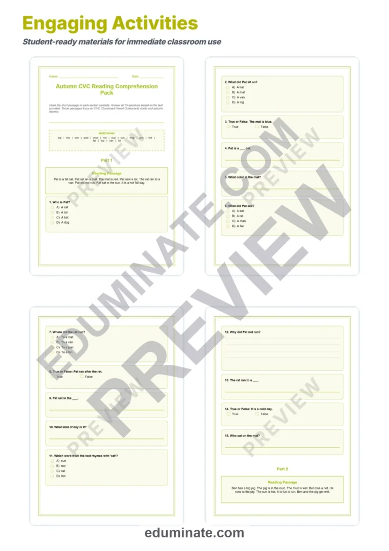 Fall CVC Worksheets – Autumn CVC Reading Passages, Questions and Answer Key sample page 3