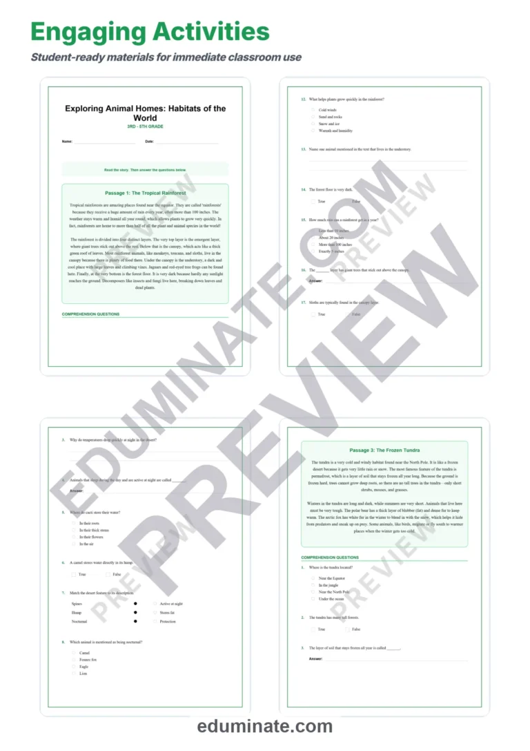 Animal Habitats Reading Comprehension Worksheet – Exploring Biomes 10 Passages sample page 3