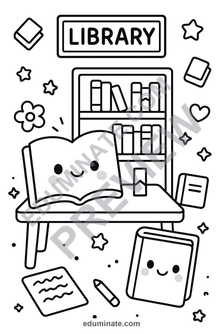 Library Coloring Pages Reading and Books Art Activity Sheets Pack for Kids sample page 3