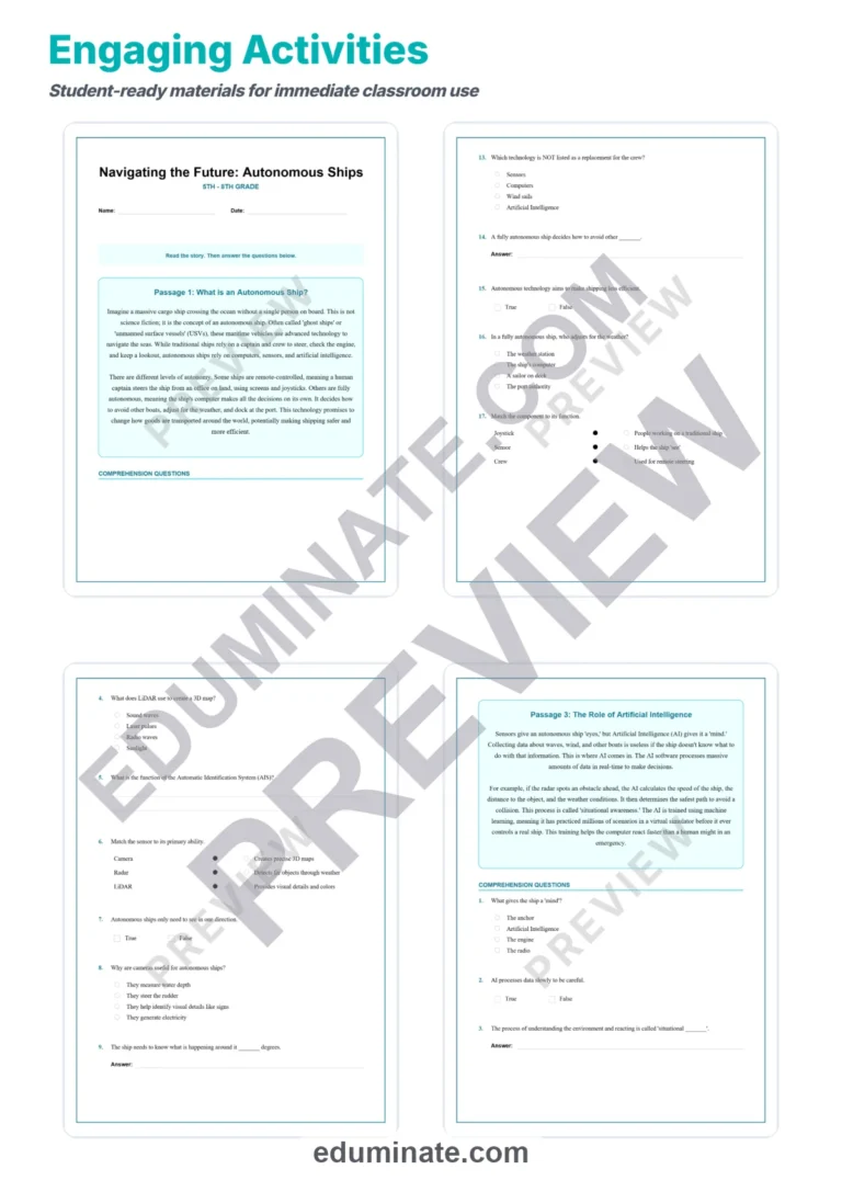 Autonomous Ships Reading Comprehension – Maritime Technology 10 Worksheets sample page 3