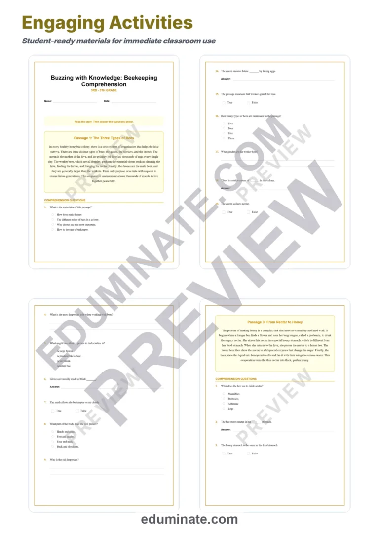 Beekeeping Reading Comprehension Passages And Questions Worksheets Packet sample page 3