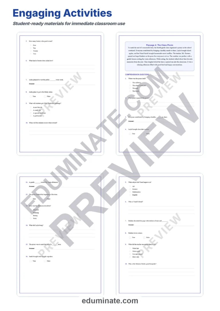 End of Year Worksheets – Reading Passages with Questions and Answer Key (PDF) sample page 3