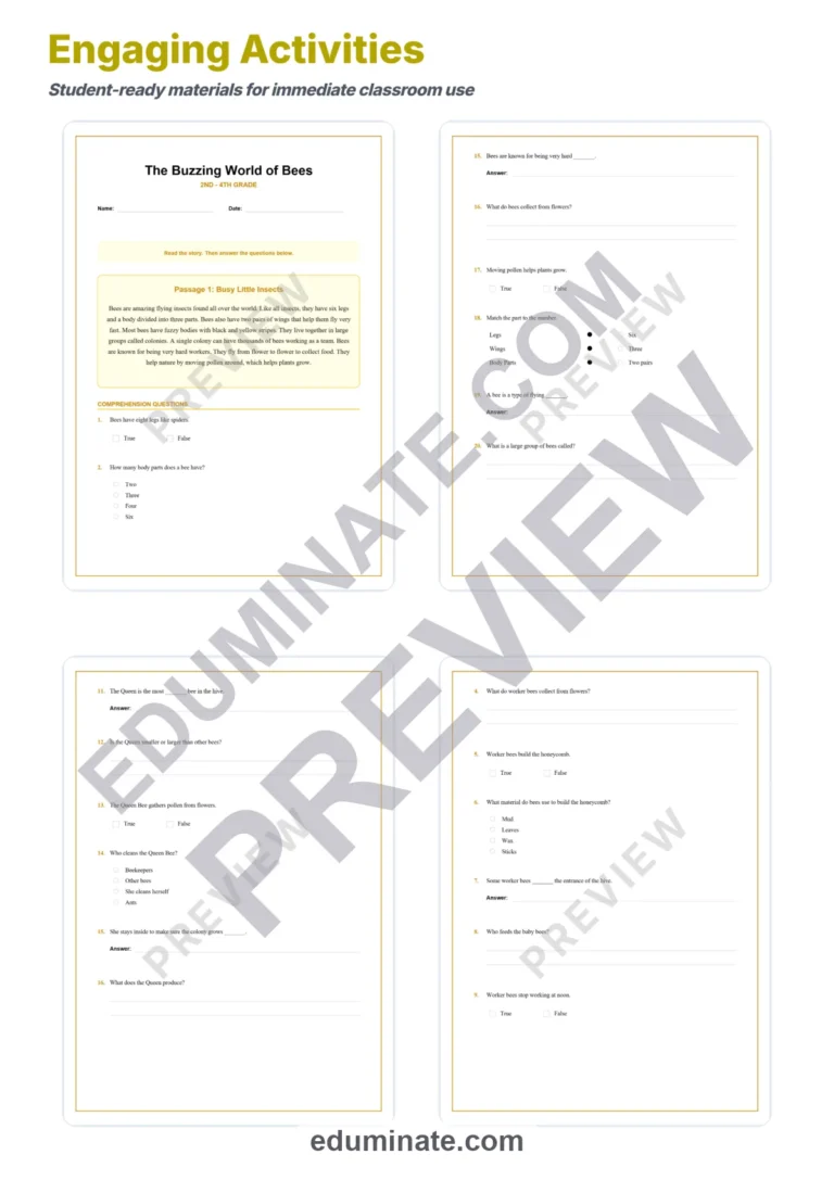 Bees Reading Comprehension Passages And Questions Science Worksheets Packet sample page 3