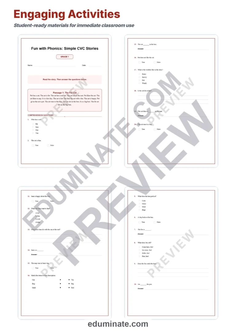 CVC Stories Reading Comprehension Passages for Kindergarten and Grade 1 Set sample page 3