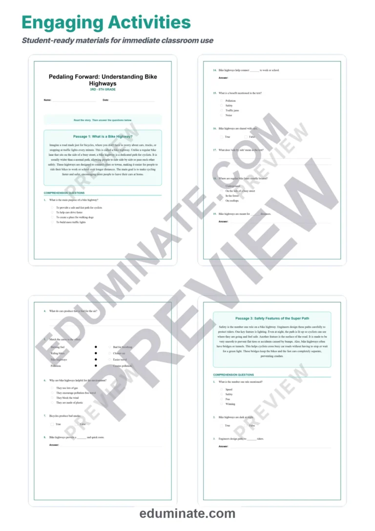 Bike Highways Reading Comprehension Passages And Questions Worksheets Packet sample page 3