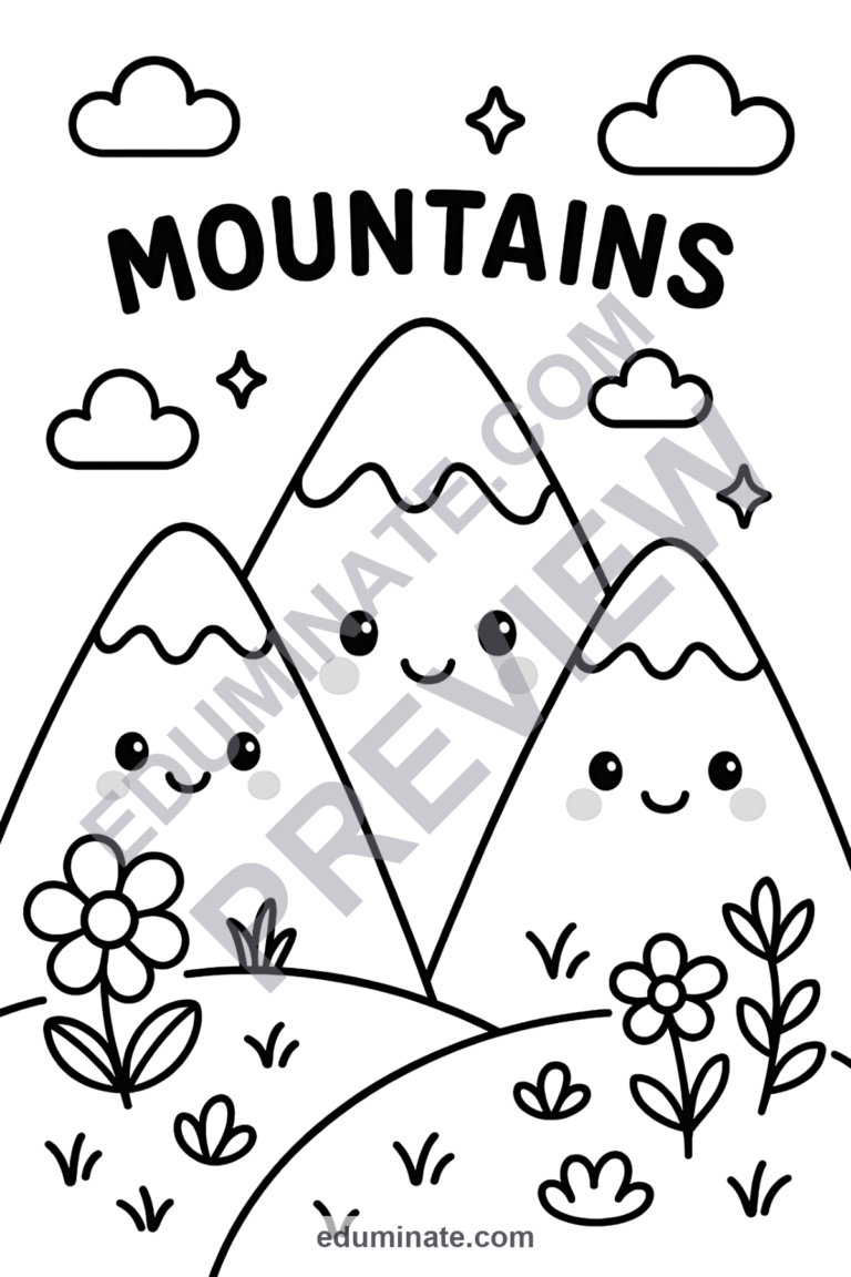 Easy Mountain Coloring Pages Simple Scenery Activity Sheets Pack for Kids sample page 4
