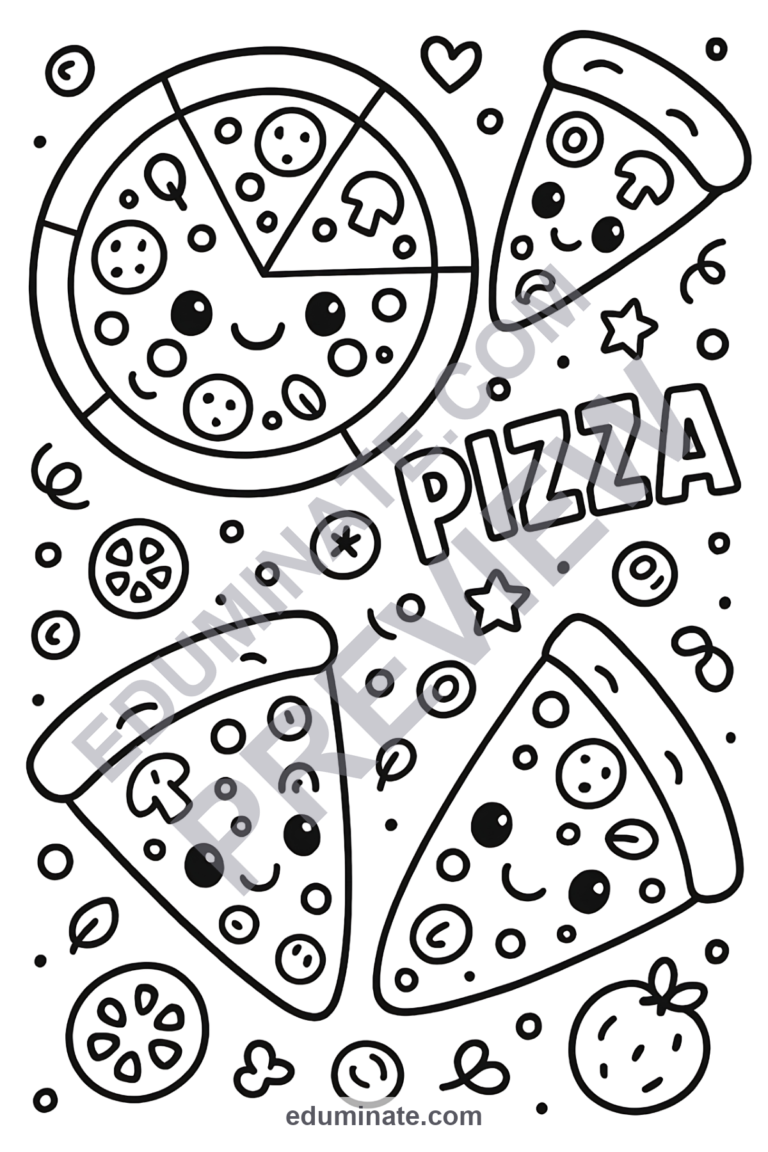 Cute Pizza Coloring Pages Kawaii Food Characters Activity Pack for Kids Fun sample page 4