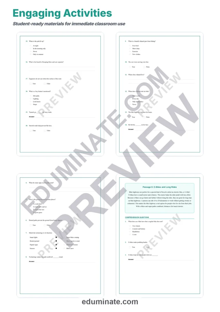 Bike Highways Reading Comprehension Passages And Questions Worksheets Packet sample page 4