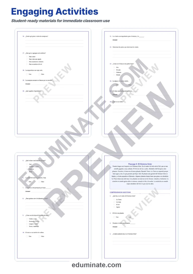 Spanish Reading Comprehension Passages 4th Grade Worksheets and Activities sample page 4
