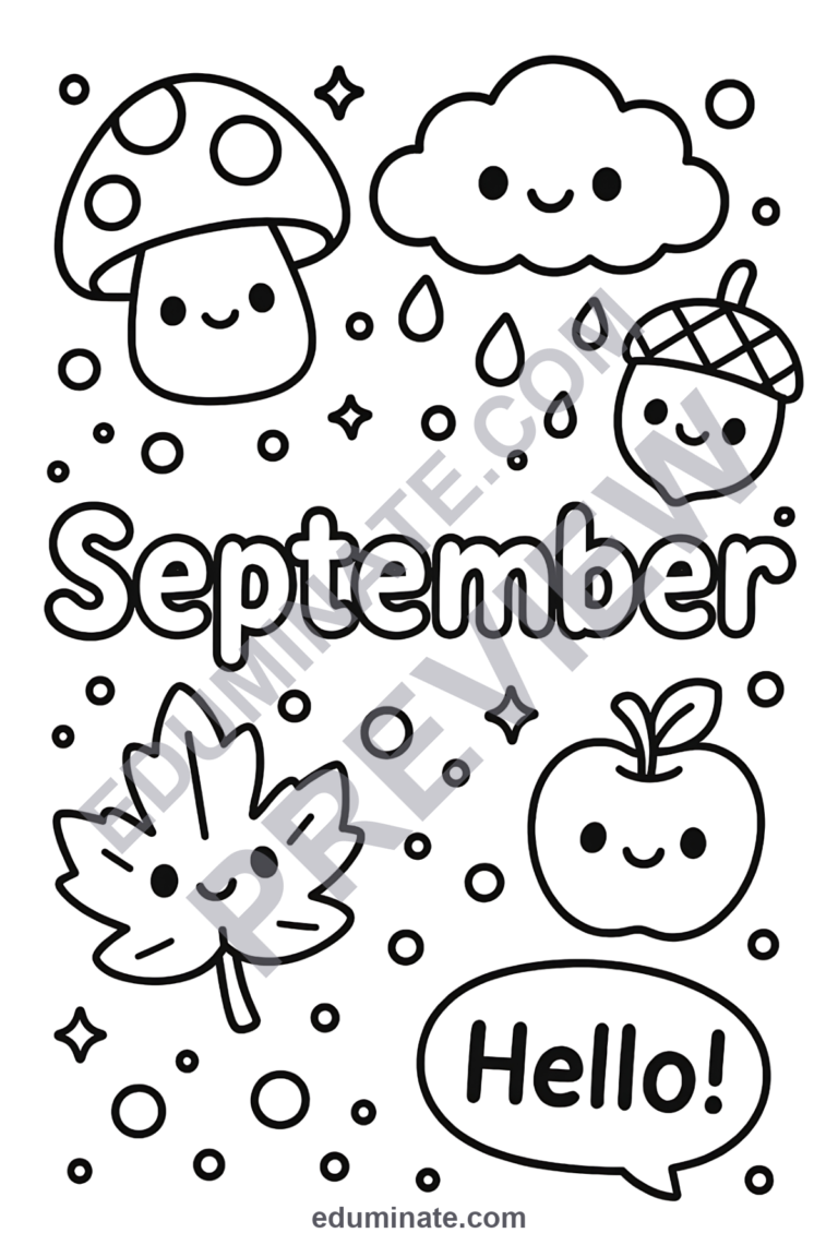 Cute September Coloring Pages Kawaii Fall Friends Activity Sheets Pack Kids sample page 4
