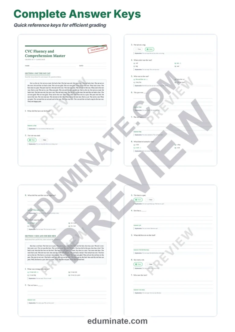 Kindergarten CVC Worksheets – Reading Passages with Questions and Answer Key sample page 4
