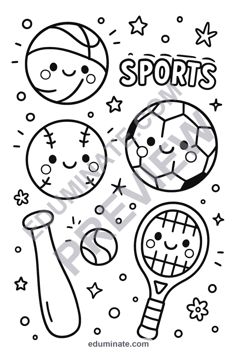 Children’s Sports Coloring Pages 28 Smiling Athletic Ball Art Activity Sheets sample page 4