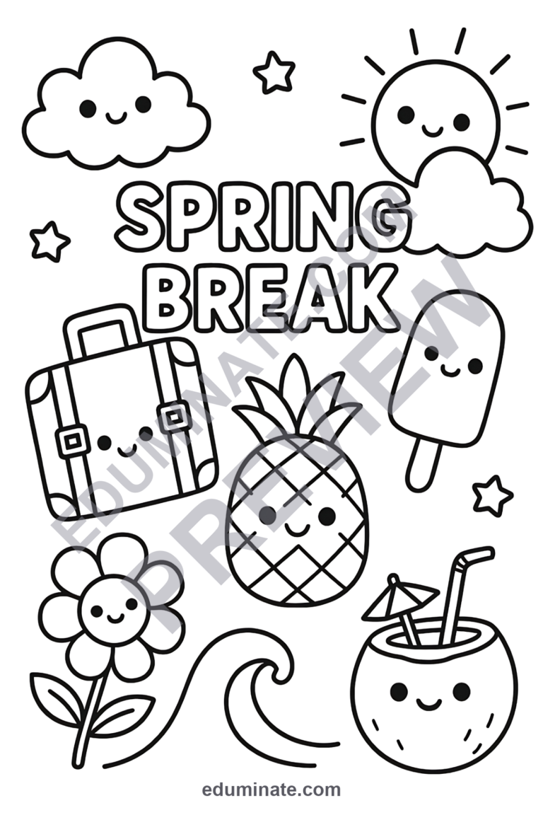 Spring Break Coloring Pages Vacation and Travel Activity Pack for Kids Fun sample page 4