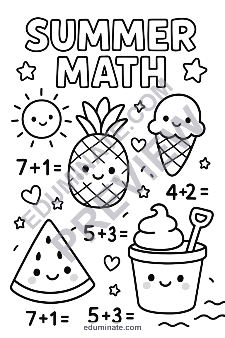 Summer Math Coloring Pages Addition and Subtraction Activity Pack for Kids sample page 4