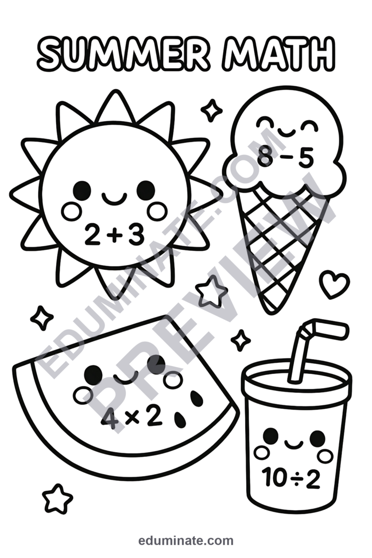End of Year Math Coloring Pages Summer Countdown Activity Sheets for Kids sample page 4