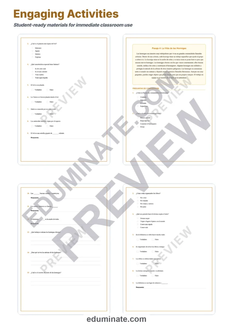 Spanish Reading Comprehension Passages Grades 1-5 Worksheets and Activities sample page 4