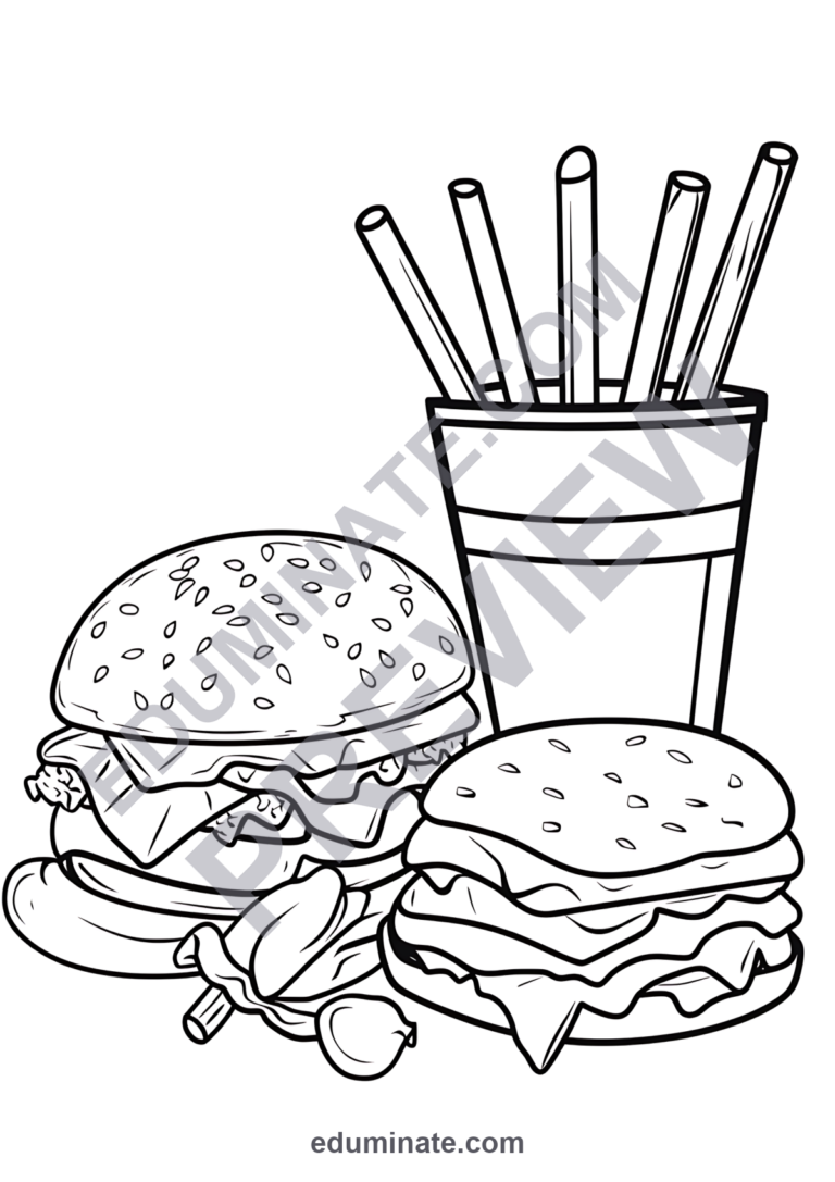 Food Coloring Pages Delicious Snacks Burgers Cake Activity Sheets for Kids sample page 4
