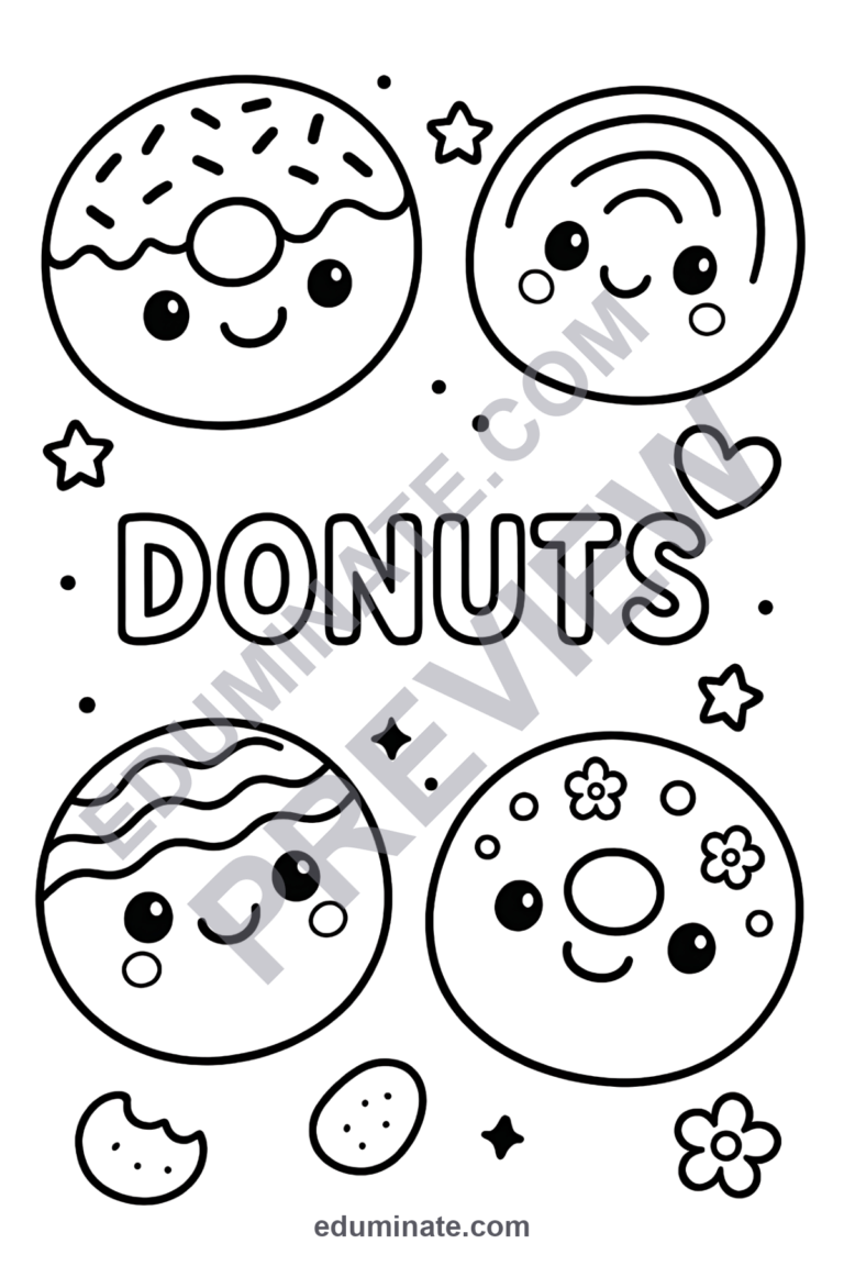 Donut Coloring Pages | Sweet Treats Bakery Food Art Activity Sheets for Kids sample page 4