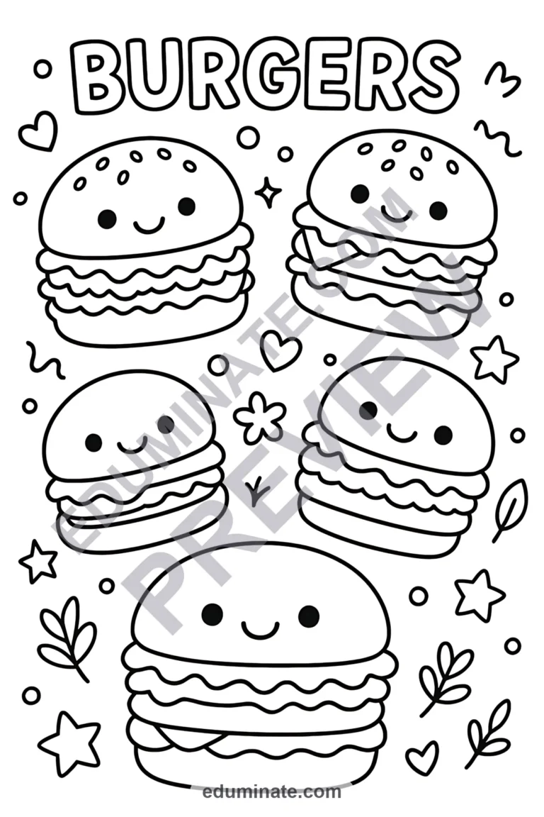 Burger Coloring Pages Fast Food Activity Sheets Printable Nutrition Pack Kids sample page 4