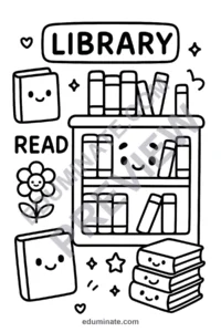 Printable Library Coloring Pages Reading Activity Sheets Pack for Kids Fun page 4