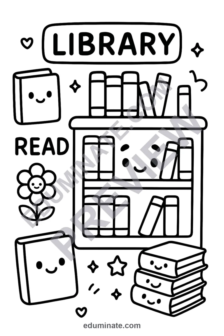 Printable Library Coloring Pages Reading Activity Sheets Pack for Kids Fun sample page 4