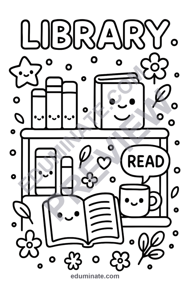 School Library Coloring Pages Book Week Art Activity Sheets Pack for Kids sample page 4