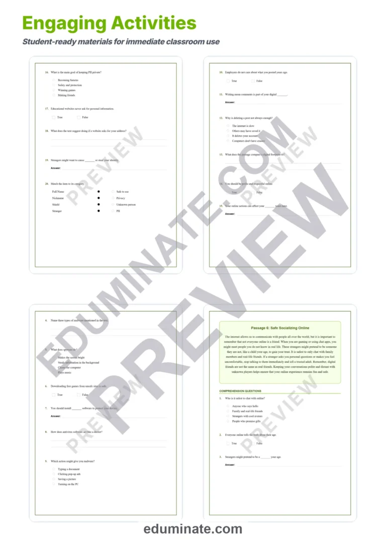 Internet Safety Worksheets And Reading Comprehension Passages Activity Pack sample page 4