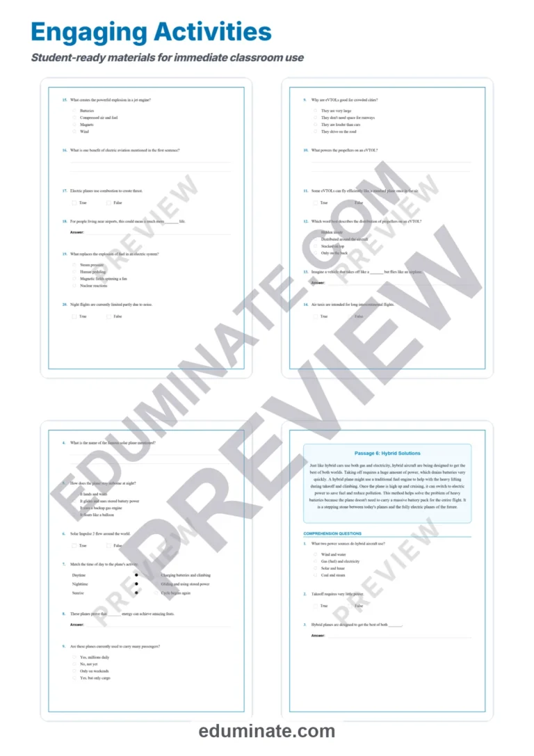 Electric Aviation Reading Comprehension Passages And Questions Worksheets Set sample page 4